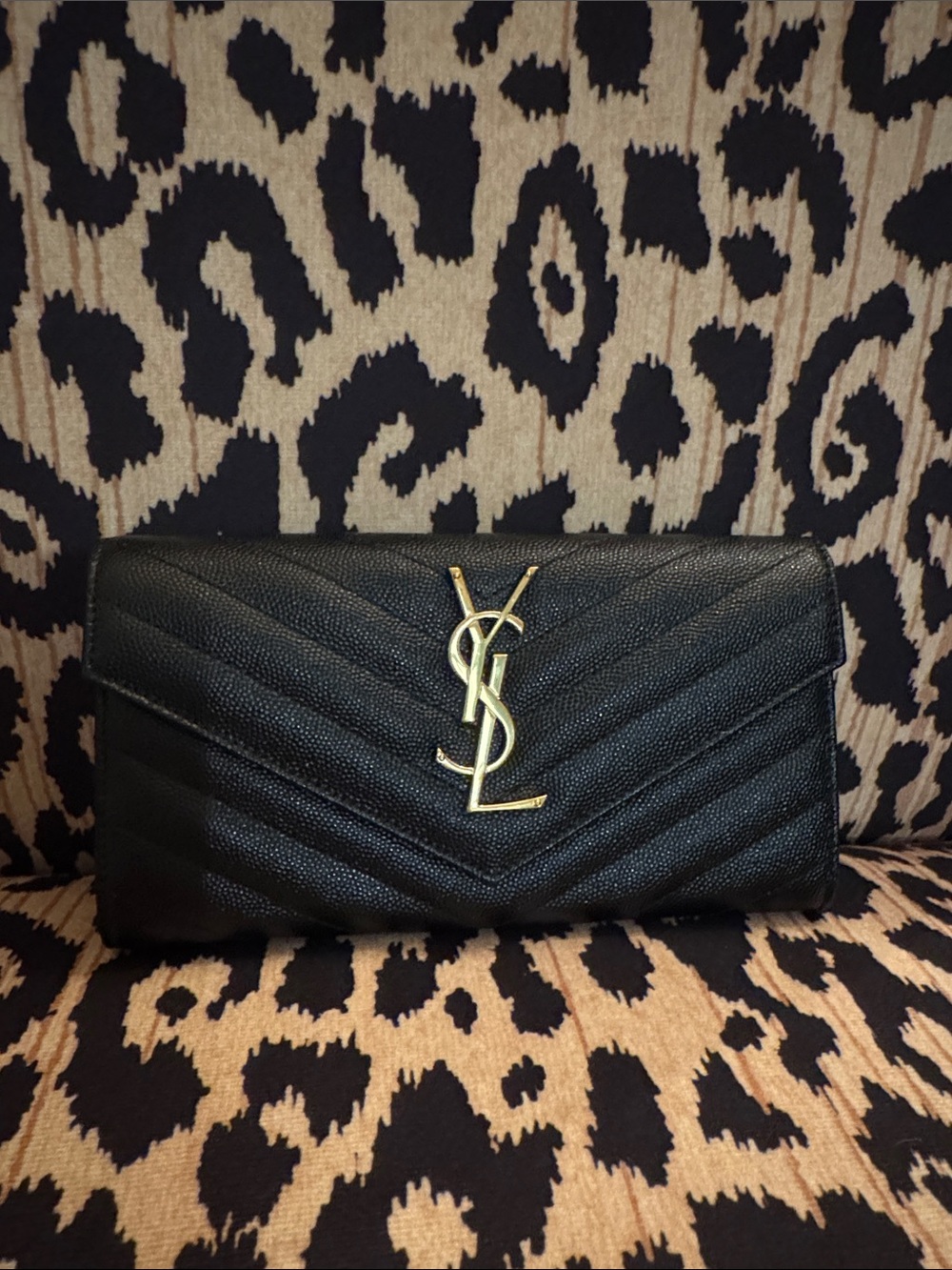 Saint Laurent Black Chevron Quilted Envelope Wallet with Gold YSL Logo